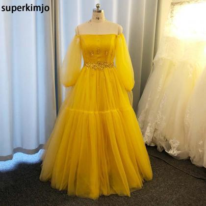 Long Sleeve Prom Dress, Yellow Prom Dress, Tulle..