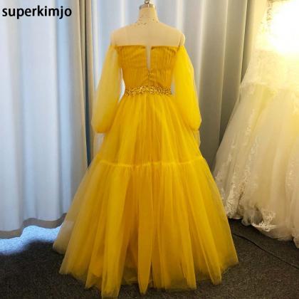Long Sleeve Prom Dress, Yellow Prom Dress, Tulle..