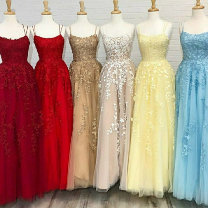 Lace Applique Prom Dress, Spaghetti Strap Prom..