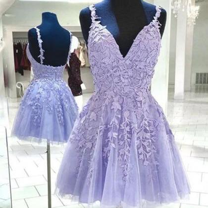 Purple Prom Dress, Short Prom Dresses, Lace..