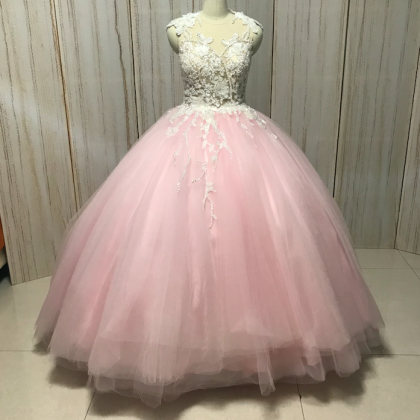 Pink Prom Dress, Ball Gown Prom Dresses, Lace..