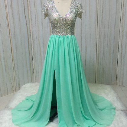 Mint Green Prom Dress, Beaded Prom Dress, V Neck..