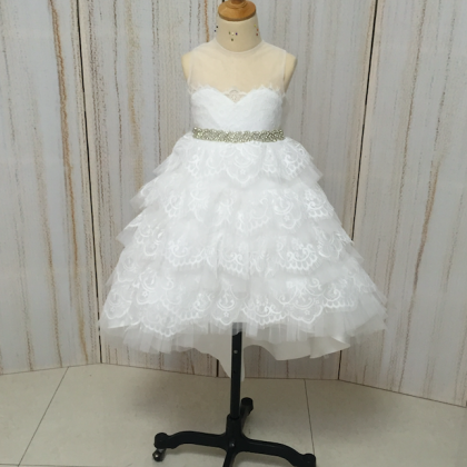 White Flower Girl Dress, Kids Prom Dress, Lace..