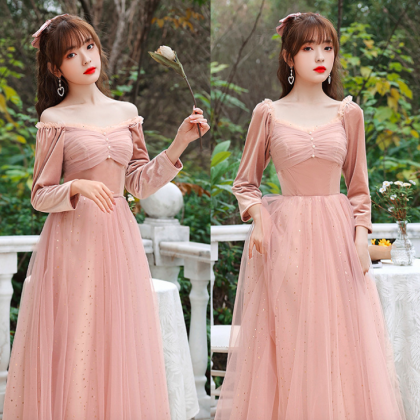 Long Sleeve Prom Dress, Pink Prom Dress, Winter..