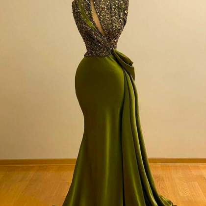 High Neck Evening Dress, Green Evening Dresses,..