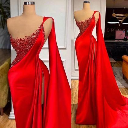 Red Prom Dress, One Shoulder Prom Dress, Beaded..