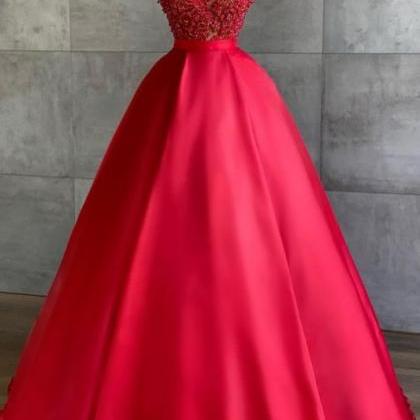 Red Prom Dress, Cap Sleeve Prom Dress, Lace..