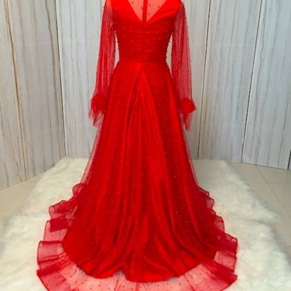 Red Prom Dresses, Long Sleeve Prom Dress, Beaded..