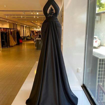 Black Evening Dress, Lace Applique Evening Dress,..