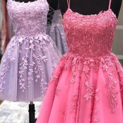 short prom dress, lace applique pro..