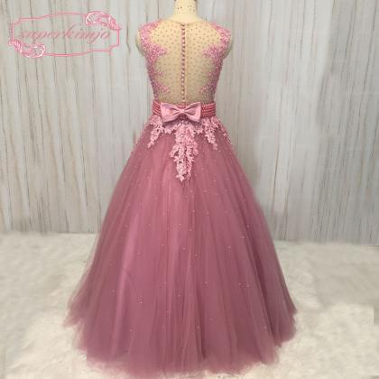 Dusty Pink Prom Dresses, Lace Applique Prom..
