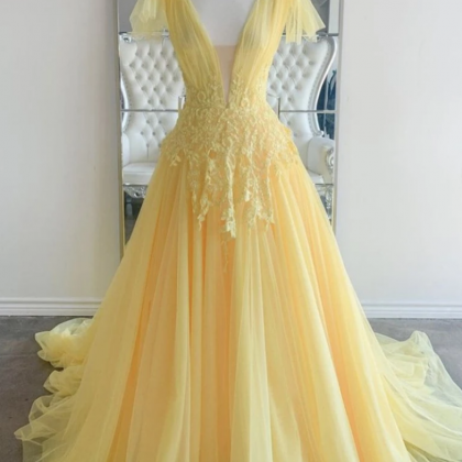 Robe De Bal, Yellow Prom Dress, Lace Applique Prom..