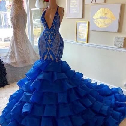 Royal Blue Prom Dress, Halter Prom Dress, Lace..