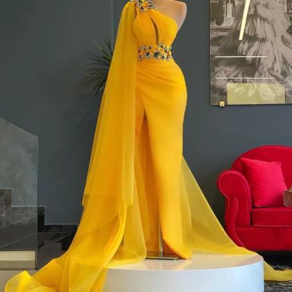 Yellow Prom Dress, One Shoulder Prom Dresses, 3d..