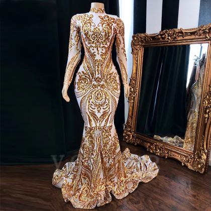 Gold Applique Prom Dress, High Neck Prom Dress,..