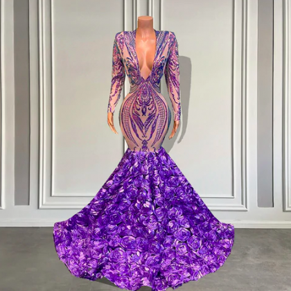 Purple Prom Dress, 3d Flowers Prom Dresses, Prom..