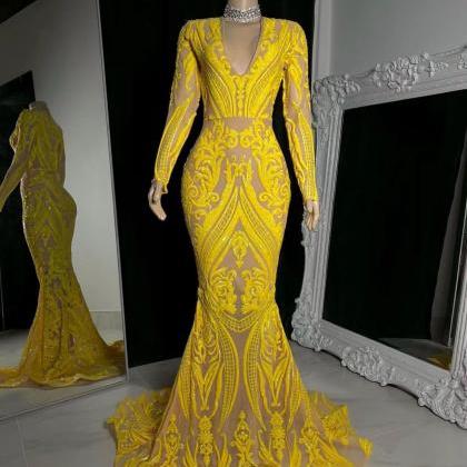 Yellow Prom Dresses, Mermaid Prom Dresses, 2024..