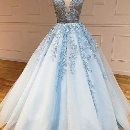Blue Lace Prom Dresses, V Neck Prom Dresses,..