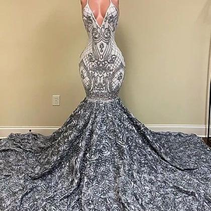 Silver Prom Dress, Mermaid Prom Dresses, Halter..