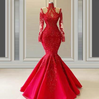 Red Prom Dresses, Luxury Prom Dresses, High Neck..