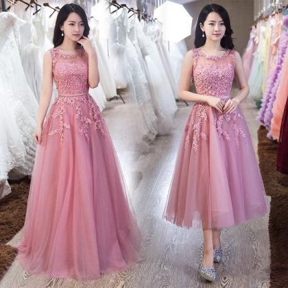 Pink Prom Dresses, Lace Applique Prom Dresses,..