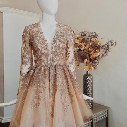 gold lace prom dresses, lace appliq..