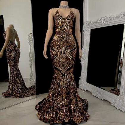 Black And Gold Evening Dresses, Custom Make Formal..