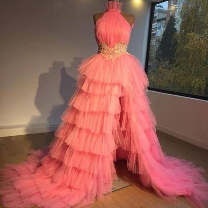 Pink Prom Dresses, High Neck Prom Dresses, Tiered..