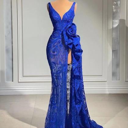 Royal Blue Prom Dresses, Lace Applique Prom..