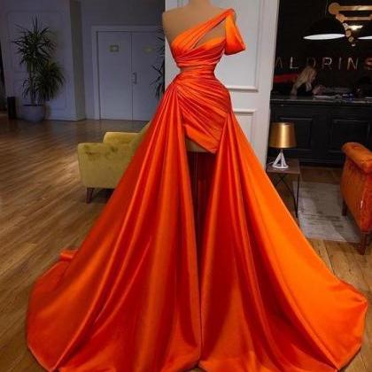 one shoulder prom dresses, orange p..