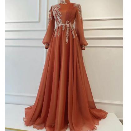 Orange Prom Dresses, Embrodiery Applique Prom..