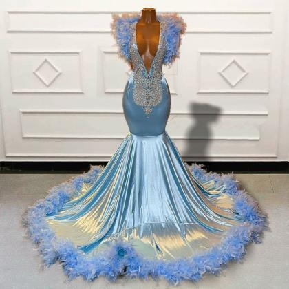 Blue Prom Dresses, Feather Prom Dresses,..