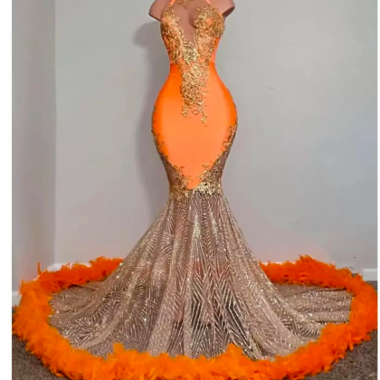 Robe De Soiree, High Neck Prom Dresses, Orange..