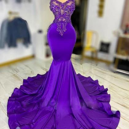 Purple Prom Dresses, Sheer Crew Neck Prom Dresses,..
