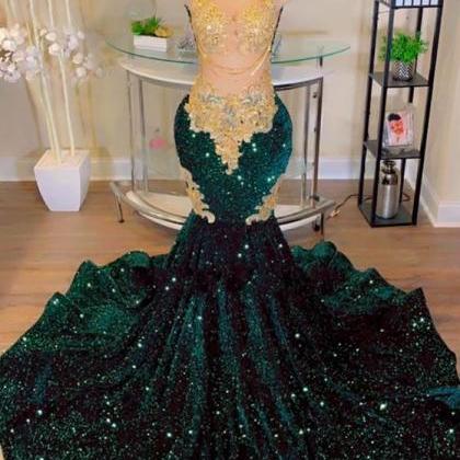 Emerald Green Prom Dresses, Gold Lace Prom..