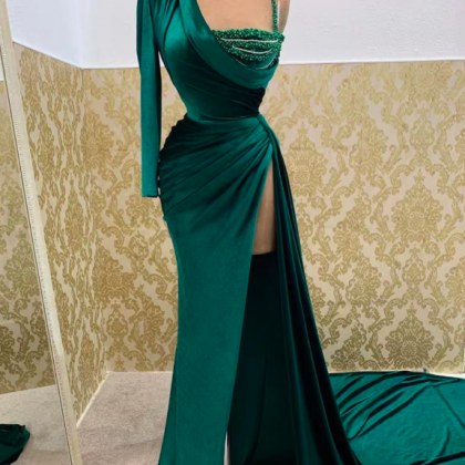 One Shoulder Prom Dresses, Emerald Green Prom..