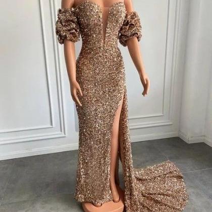 Gold Sequined Prom Dresses, Off The Shoulder Prom..
