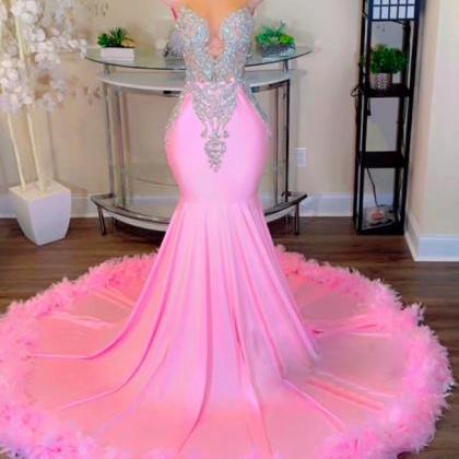 Pink Prom Dresses, Diamonds Party Dresses, Feather..