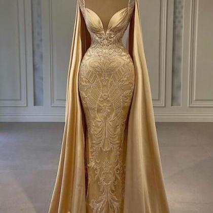 Gold Lace Applique Prom Dresses, Vintage Prom..