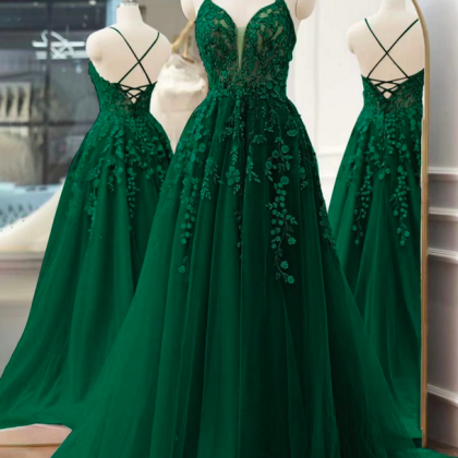 Emerald Green Prom Dresses, Lace Applique Prom..