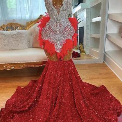 Rhinestone Embellished Prom Dresses, Red Crystals..