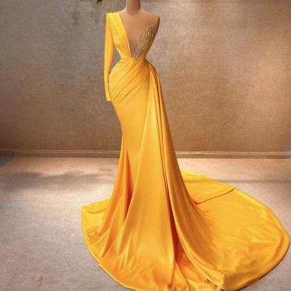 One Shoulder Yellow Prom Dresses, Pleated Prom..