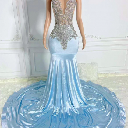 Blue Prom Dresses, Rhinestones Fashion Evening..