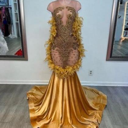 Luxury Prom Dresses, Gold Rhinestones Prom..