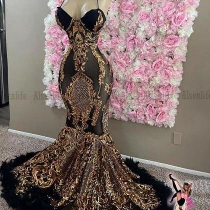 Black And Gold Prom Dresses, Spaghetti Straps Prom..