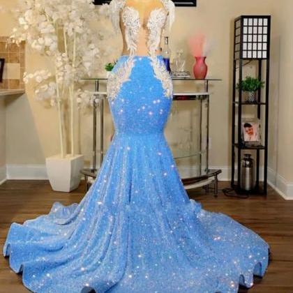 Tassels Prom Dresses, Blue Sparkly Prom Dresses,..