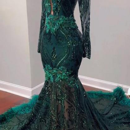 Emerald Green Prom Dresses, Feather Prom Dresses,..