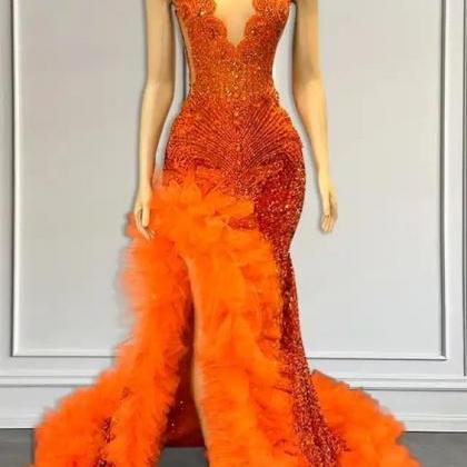 Orange Prom Dresses, Vestidos De Gala, Rhinestone..