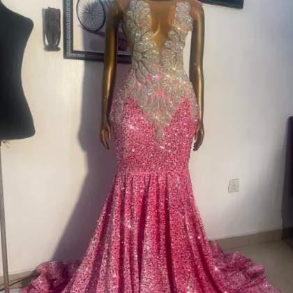 Diamonds Luxury Prom Dresses, Pink Sparkly Prom..