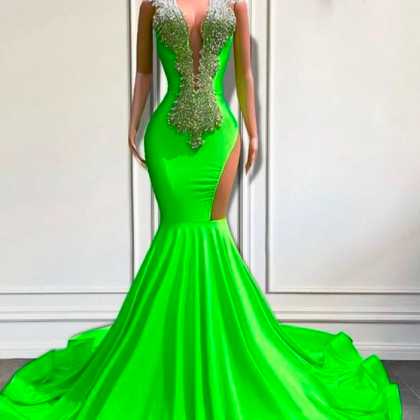 Green Prom Dresses, Rhinestones Diamonds Prom..